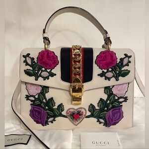 GUCCI Sylvie Embroidered Leather Medium Top Handle Bag White 431665